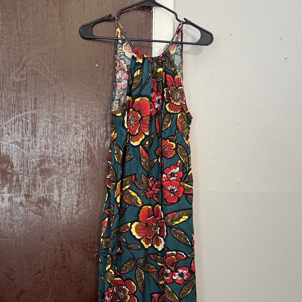 LOFT Floral Halter Dress in Teal, Red and Yellow